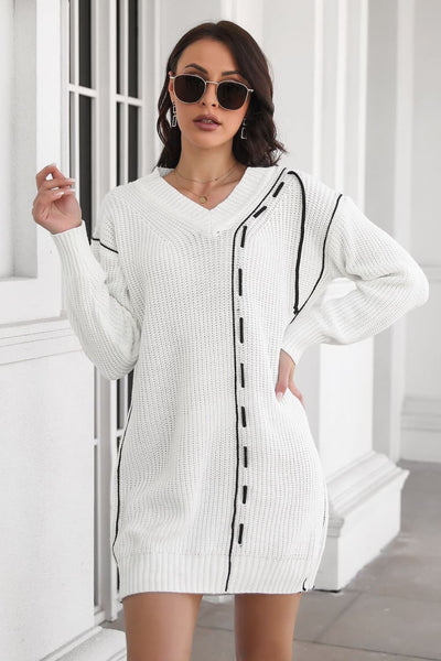 Contrast V-Neck Sweater Dress - alternate view 4