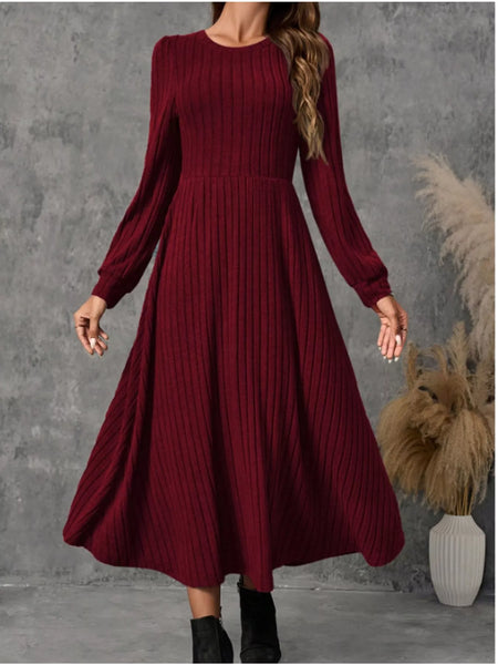 Ribbed Knit Long Sleeve A-Line Midi Dress - alternate view 8