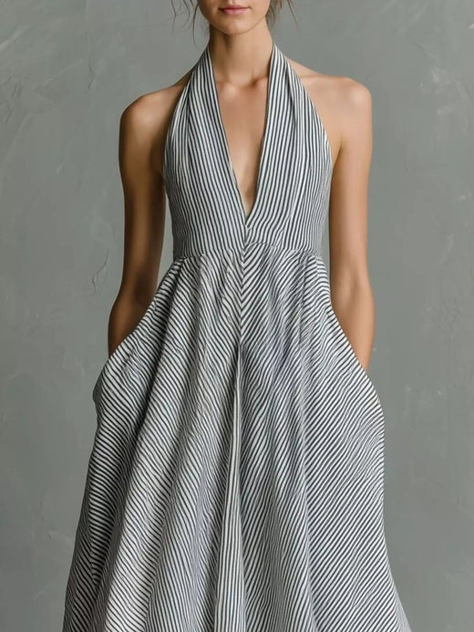 Striped Halter Neck Maxi Dress with Pockets - alternate view 2
