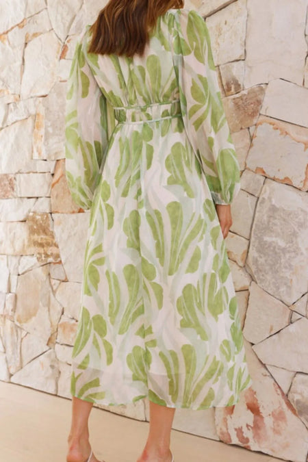 Printed V-Neck Long Sleeve Midi Dress - alternate view 2