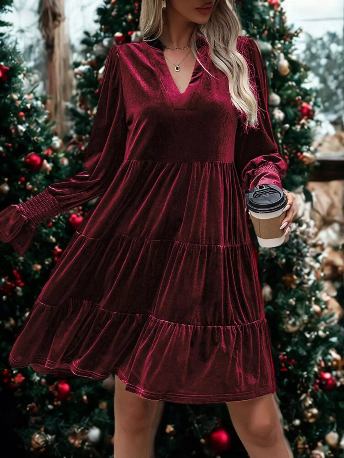 Velvet Tiered Notched Mini Dress - alternate view 6