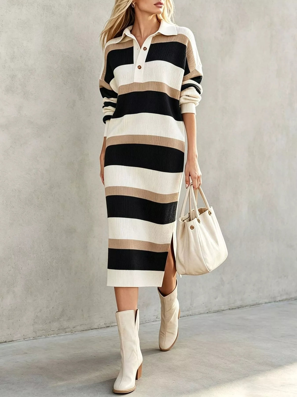 Striped Polo Collar Long Sleeve Sweater Dress - alternate view 2