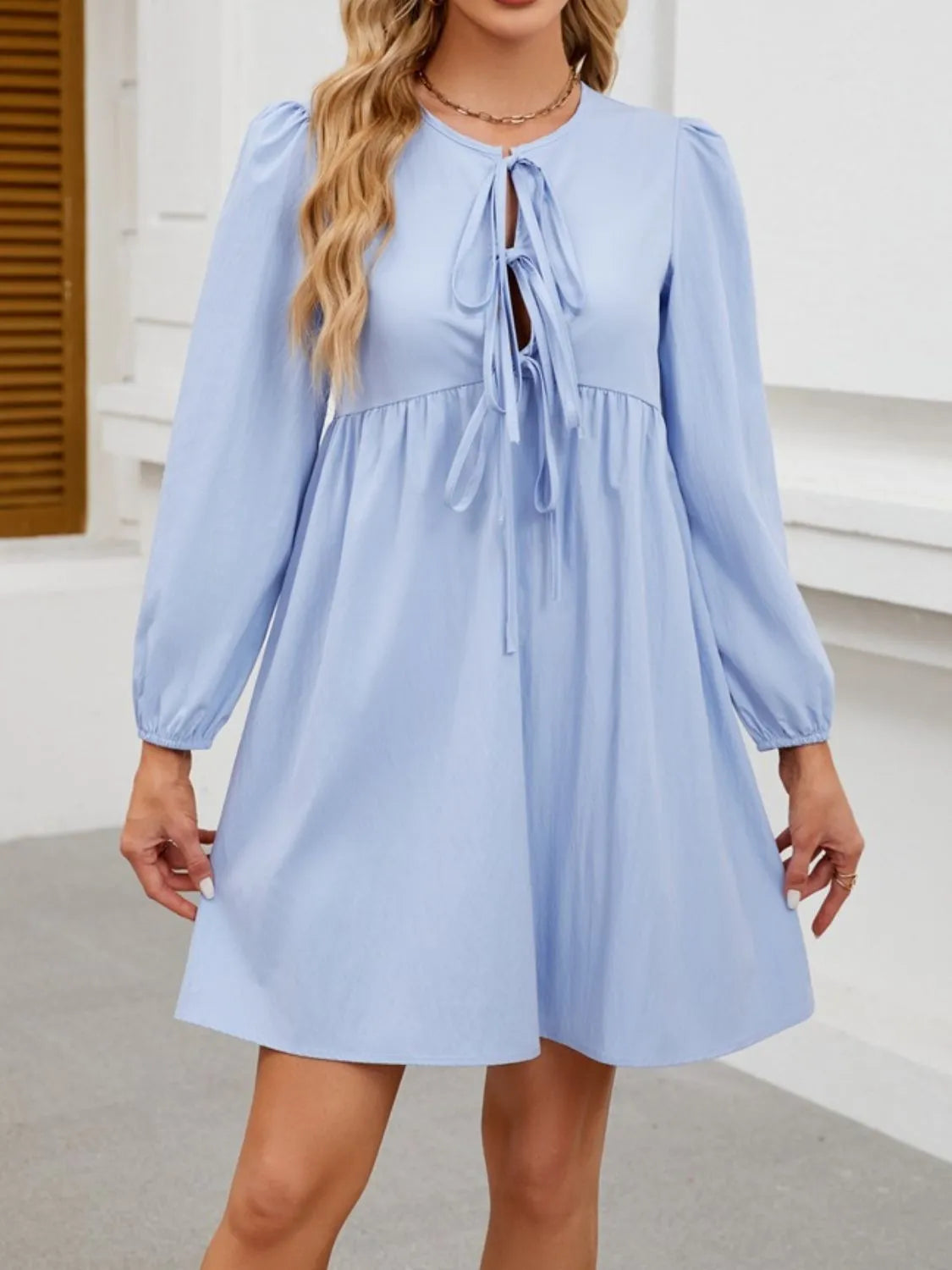 Tie Front Long Sleeve Mini Dress - alternate view 3