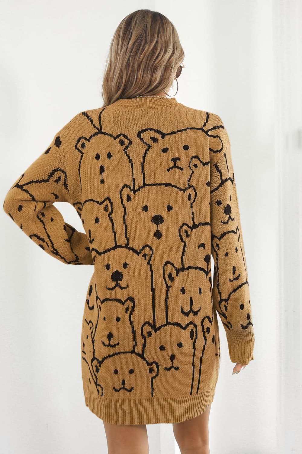 Bear Pattern Round Neck Sweater Dress - alternate view 3