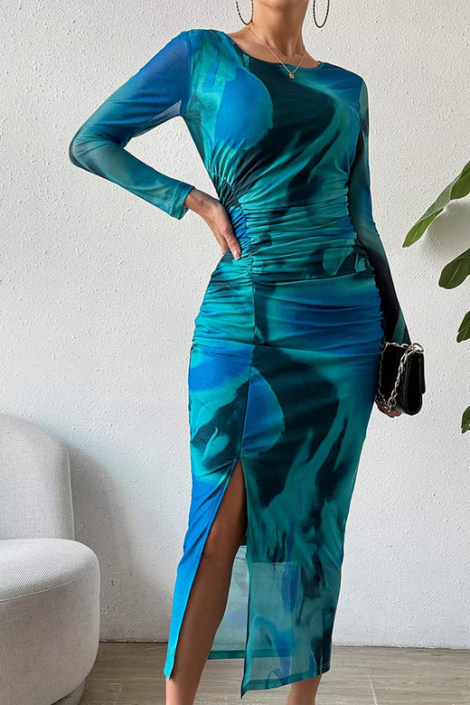 Ruched Tie-Dye Midi Dress with High Slit - alternate view 6