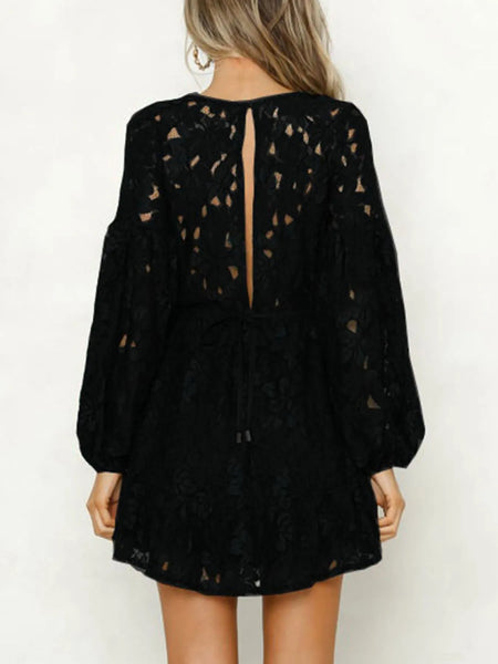 Lace V-Neck Long Sleeve Mini Dress - alternate view 10