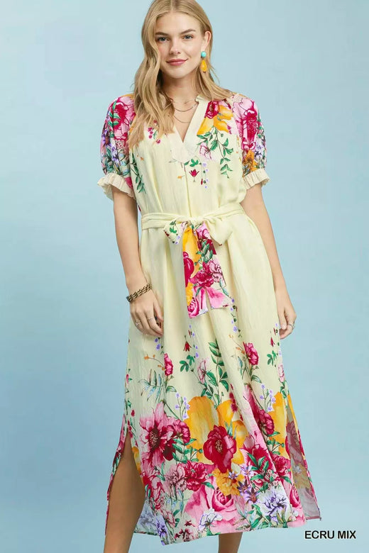 Mix Floral Border Print Midi Dress