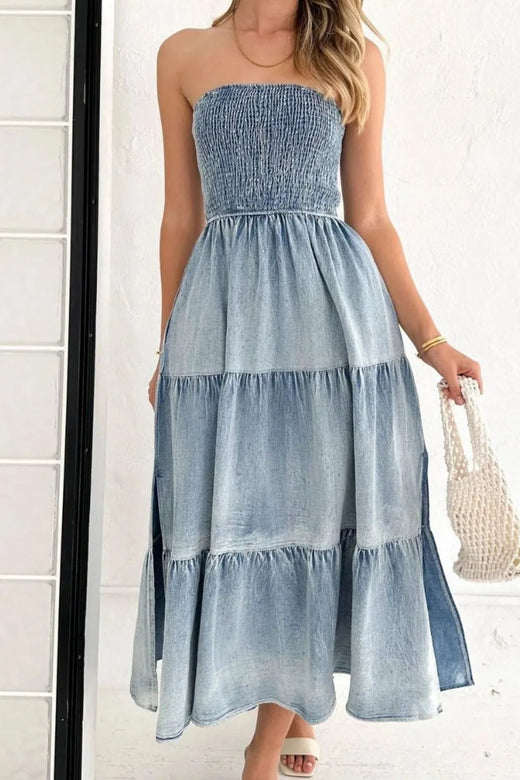 Smocked Tube Slit Tiered Denim Sleeveless Dress - alternate view 3