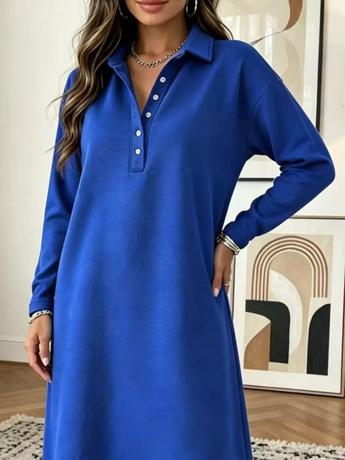 Polo Collar Long Sleeve Midi Dress - alternate view 5