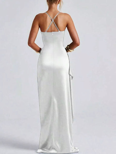 Satin Ruched High-Slit Maxi Dress - alternate view 2