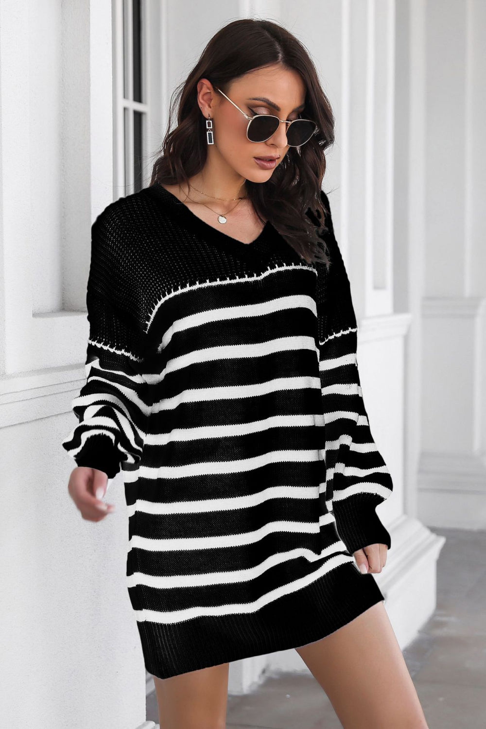 Striped V-Neck Drop Shulder Sweater Dress - alternate view 5