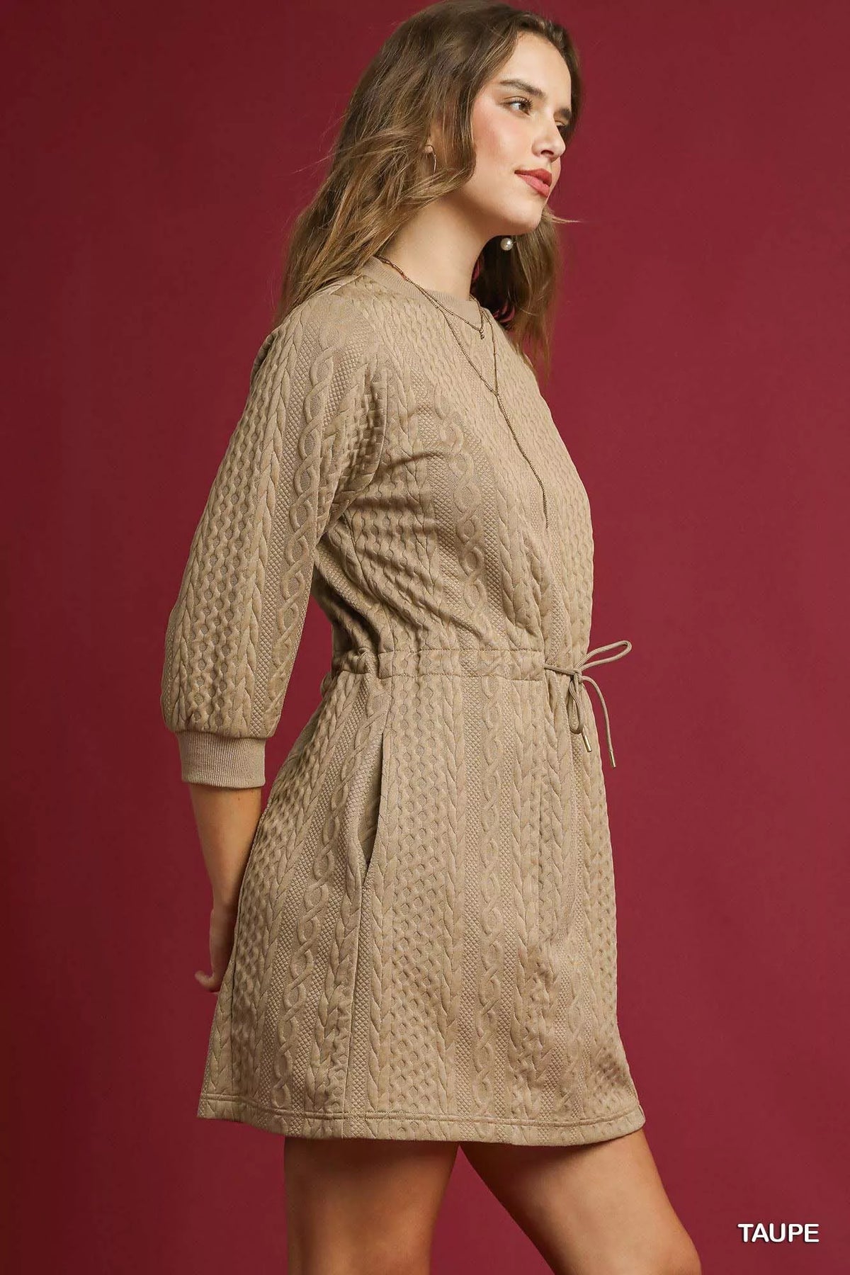 Umgee Drawstring Cable Knit Mini Dress with Pockets - alternate view 2