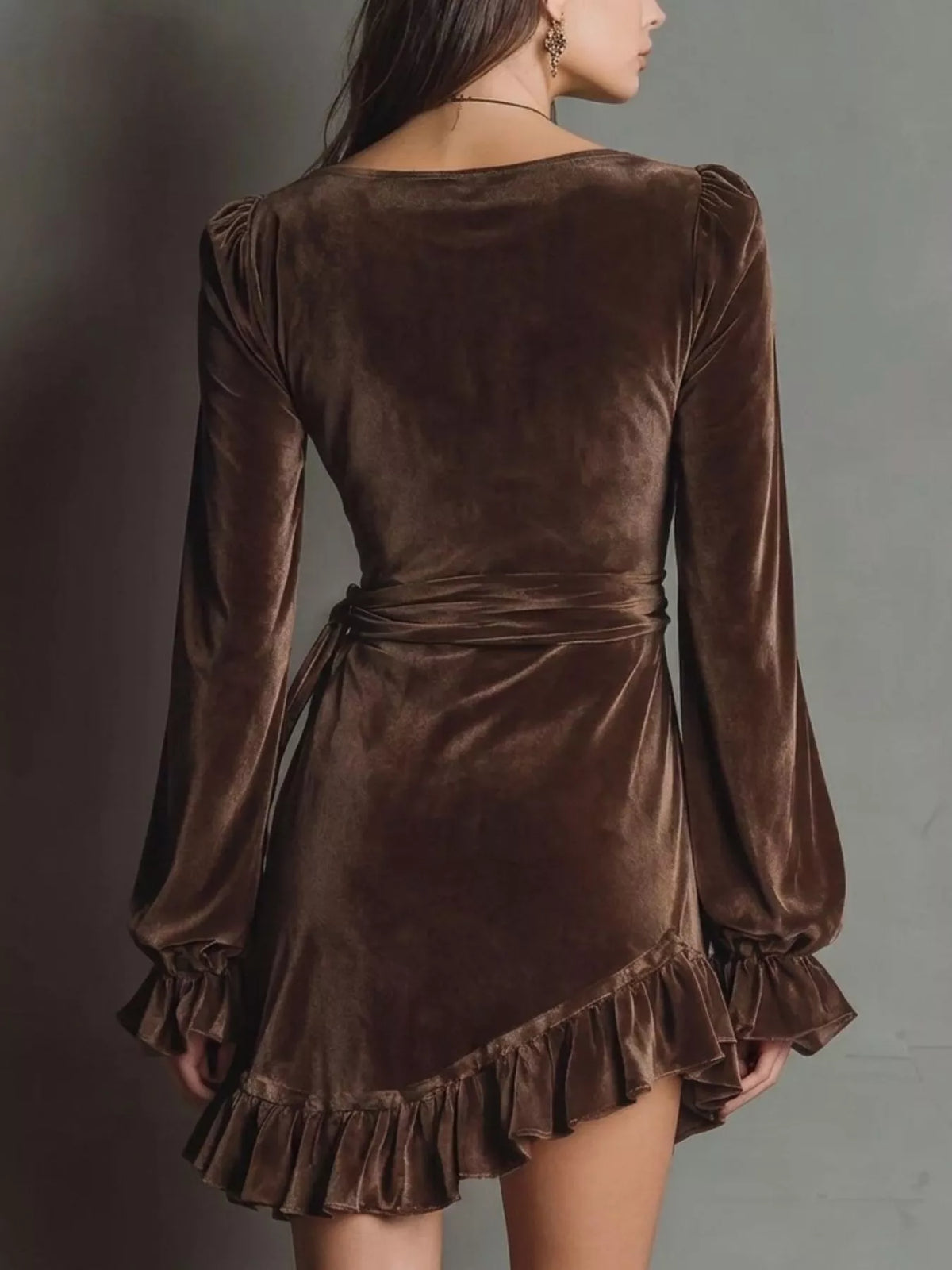 Velvet Surplice Flounce Sleeve Dress - alternate view 2