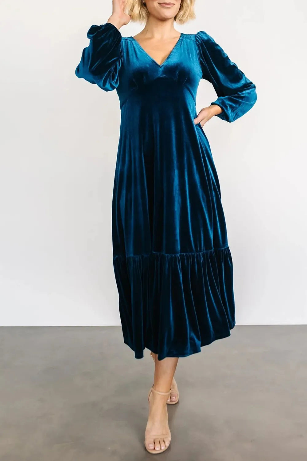 V-Neck Long Sleeve Midi Velvet Dress - alternate view 4