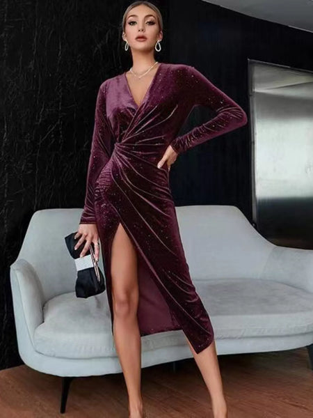 Velvet Ruched Slit Midi Dress - alternate view 13