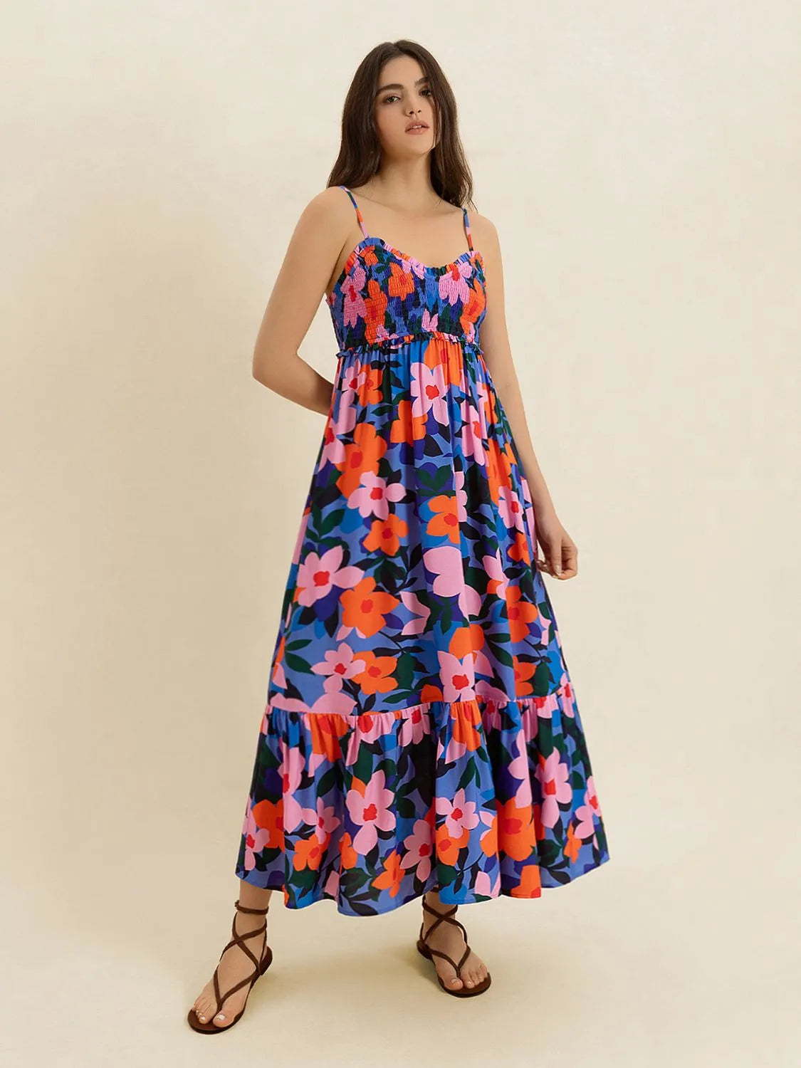 Smocked Back Ruffled Hem Printed Cami Dress - alternate view 5