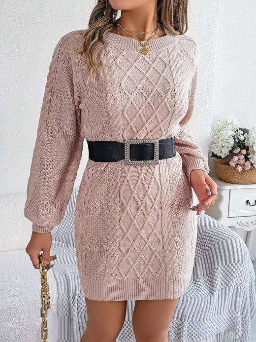 Diamond Cable Knit Sweater Dress with Long Sleeves - alternate view 2