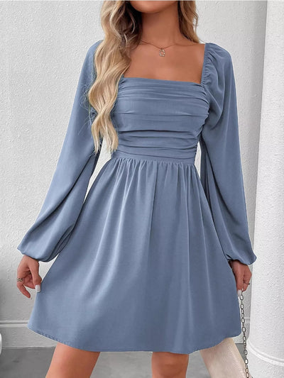 Ruched Square Neck Long Sleeve A-Line Dress - alternate view 13