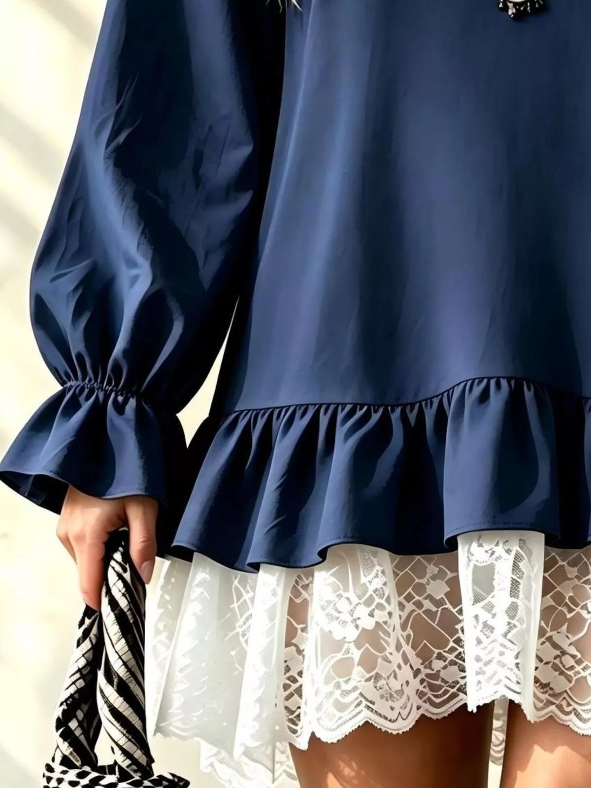 V-Neck Long Sleeve Ruffle Hem Lace Trim Mini Dress - alternate view 4