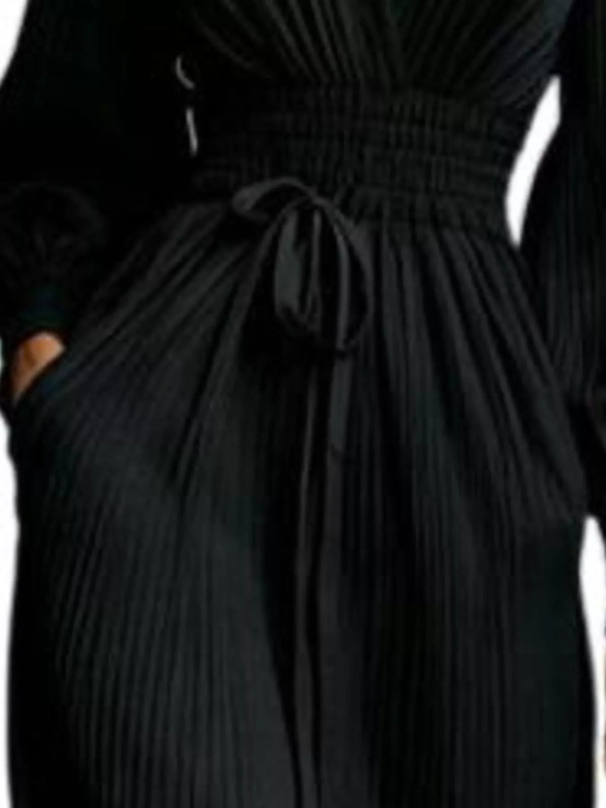 Elegant Pleated V-Neck Maxi Dress with Lantern Sleeves and Tie-Waist - alternate view 3