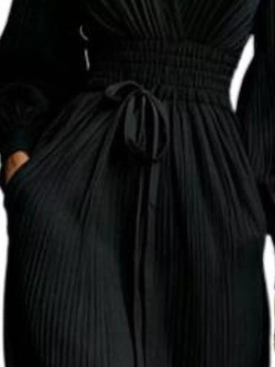 Elegant Pleated V-Neck Maxi Dress with Lantern Sleeves and Tie-Waist - alternate view 3