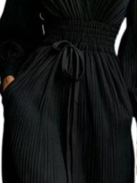 Elegant Pleated V-Neck Maxi Dress with Lantern Sleeves and Tie-Waist - alternate view 3