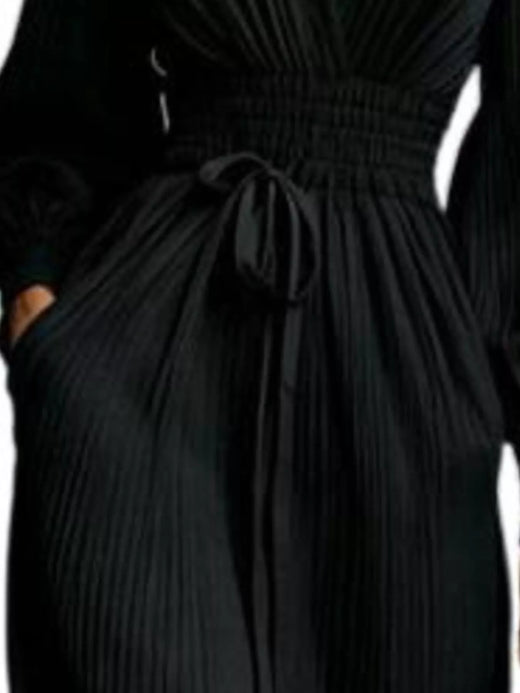 Elegant Pleated V-Neck Maxi Dress with Lantern Sleeves and Tie-Waist - alternate view 3
