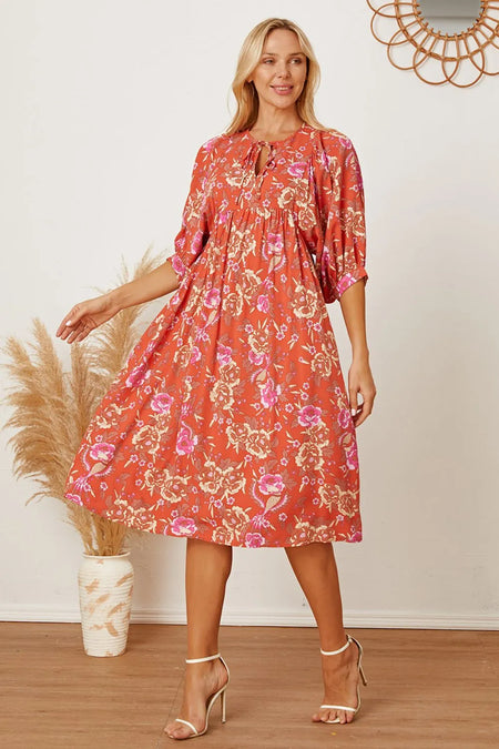 Floral Tie Neck Half Sleeve Dress - alternate view 2
