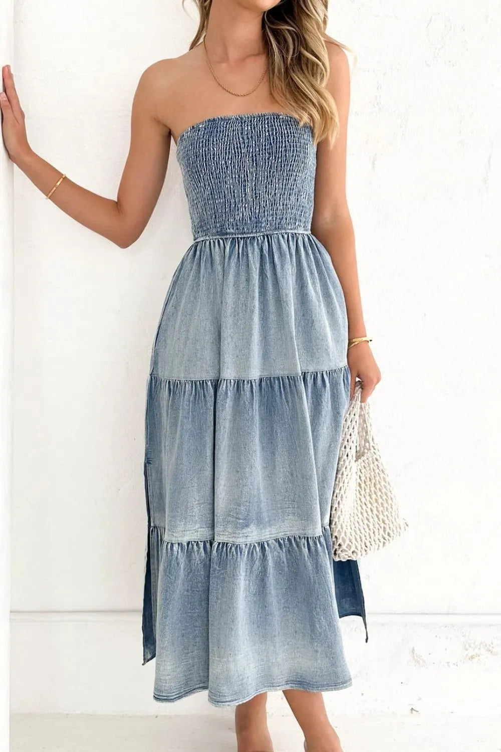 Smocked Tube Slit Tiered Denim Sleeveless Dress - alternate view 4