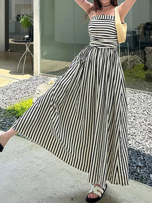 Striped Spaghetti Strap A-Line Maxi Dress