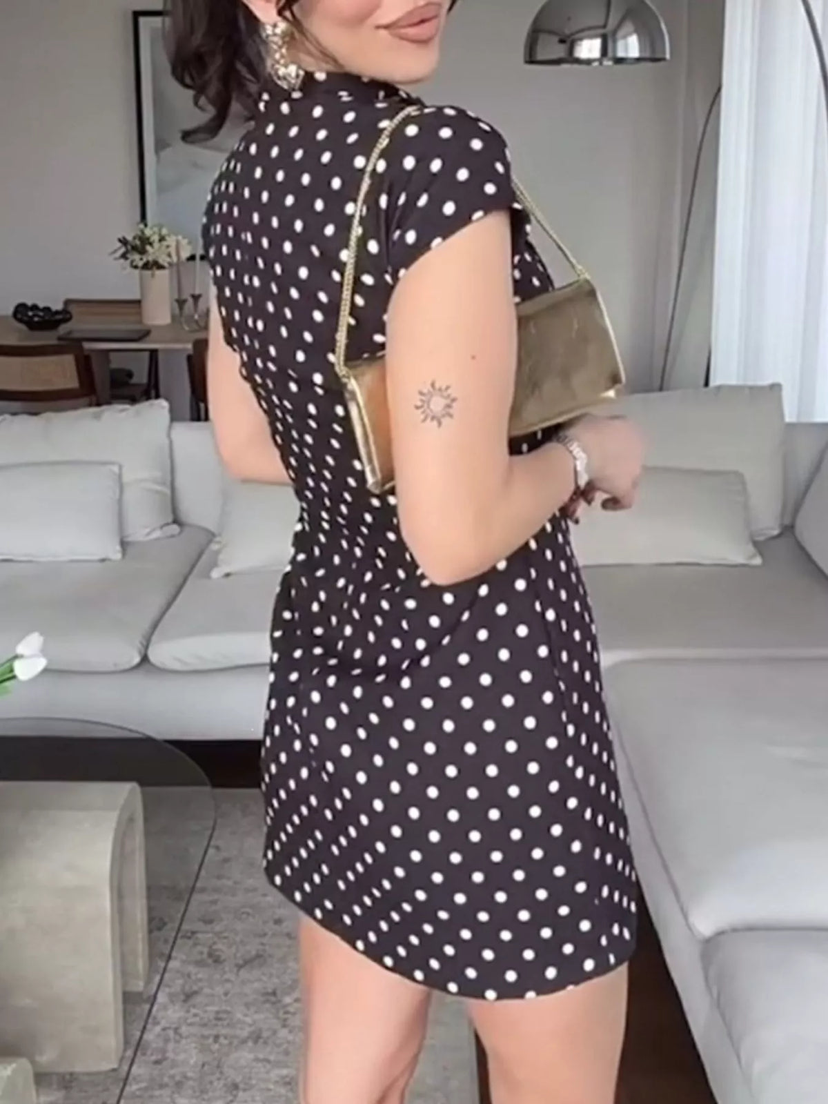 Full Size Polka Dot Tie-Neck Bodycon Mini Dress Plus Size - alternate view 5