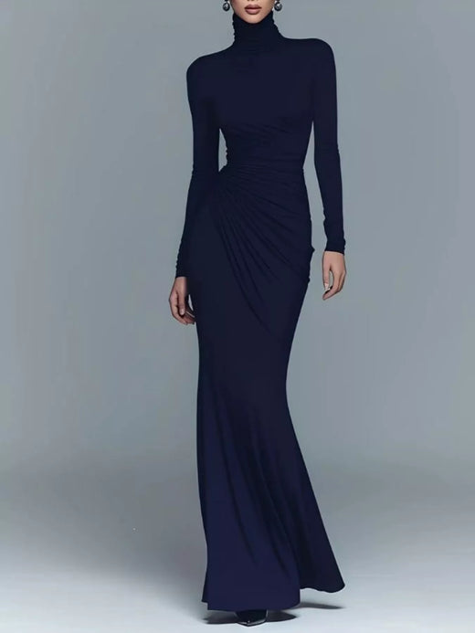 Turtleneck Long-Sleeve Ruched Maxi Dress