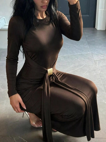 Backless Long-Sleeve Bodycon Maxi Dress with Gold-Tone Waist Buckle - alternate view 2