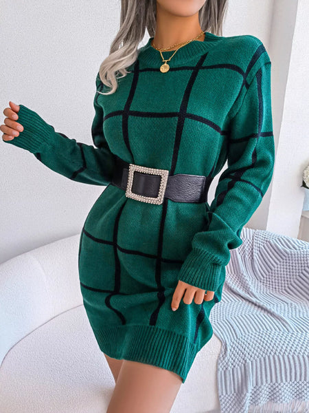 Plaid Pattern Long Sleeve Sweater Dress - alternate view 7