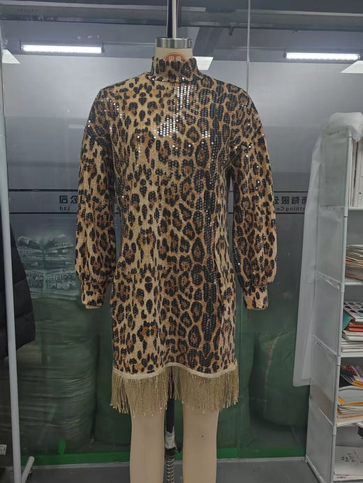 Full Size Leopard Sequin Mock Neck Fringe Hem Long Sleeve Mini Dress Plus Size - alternate view 4