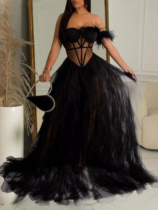 Feathered Corset Tulle Evening Dress - alternate view 5