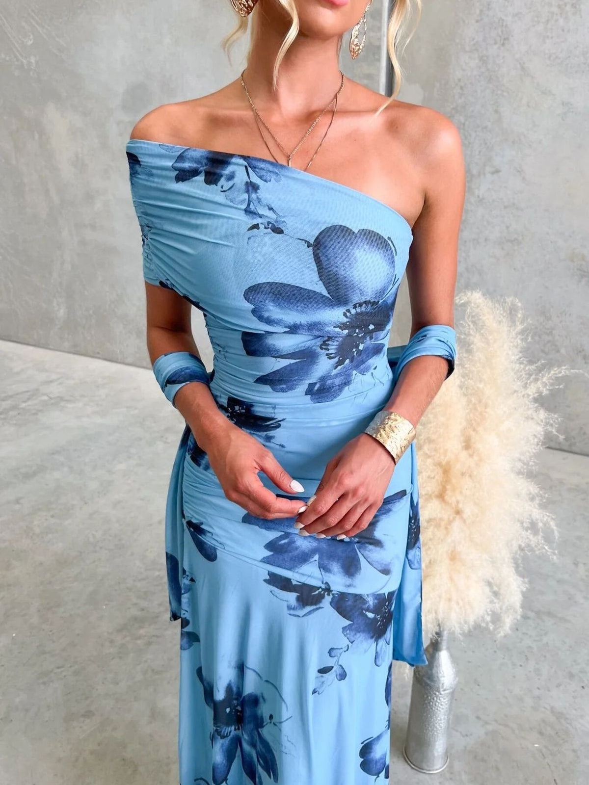 Floral Print One-Shoulder Ruched Maxi Dress - alternate view 5