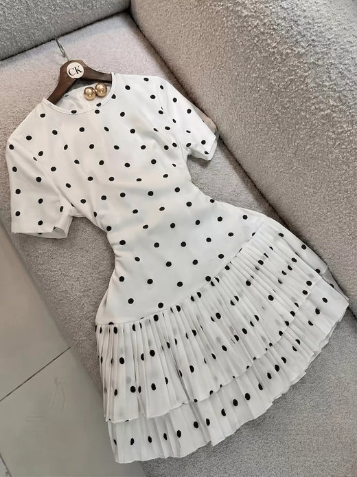 Polka Dot Pleated Hem Mini Dress