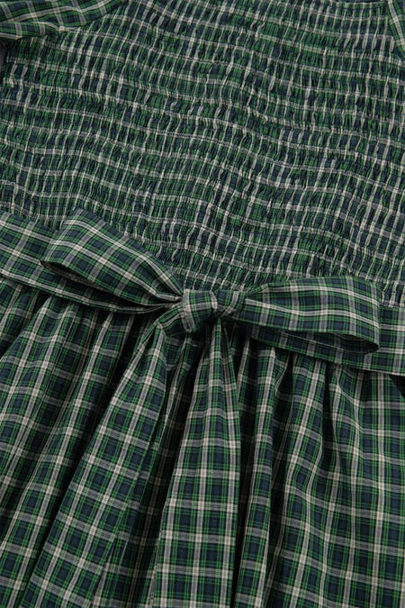 Plaid Square Neck Shirred High Waist Ruffle Hem Maxi Dress - alternate view 10