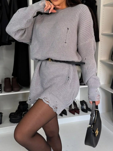 Distressed Round Neck Drop Shoulder Sweater Dress - alternate view 17