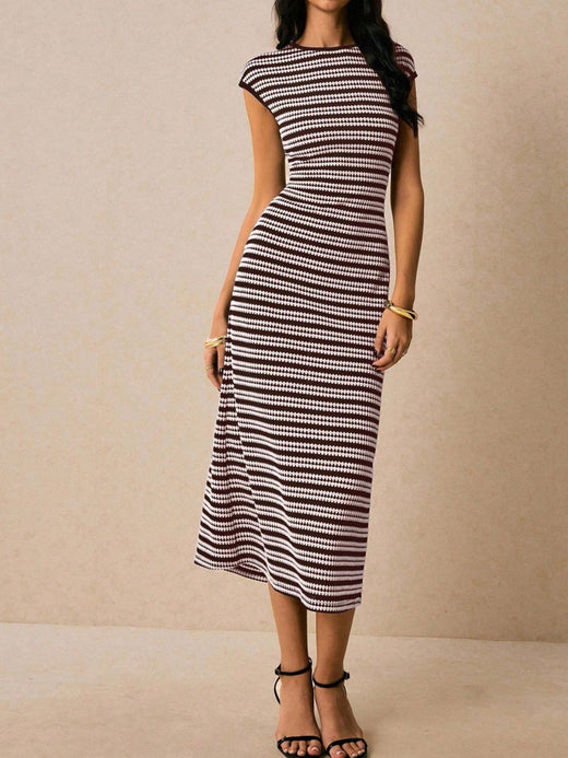 Striped Cap Sleeve Bodycon Midi Dress - alternate view 3