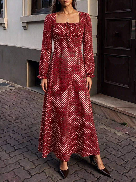 Square Neck Polka Dot Long Sleeve Maxi Dress - alternate view 2