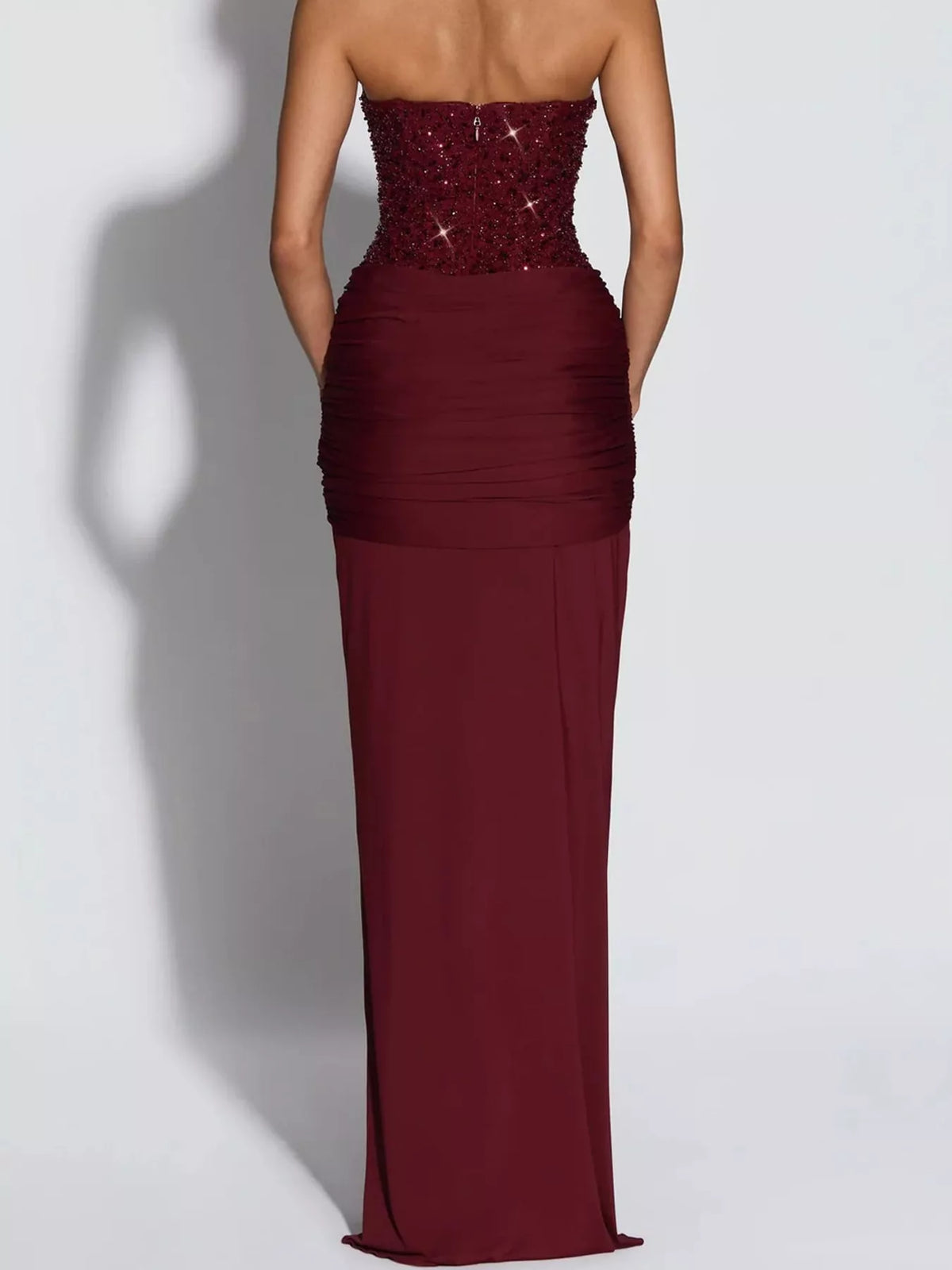 Elegant Strapless Sequin Corset Maxi Dress with Draped Waist Detail - alternate view 21