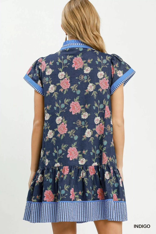 Floral Contrast Trim Ruffle Hem Mini Dress - alternate view 3