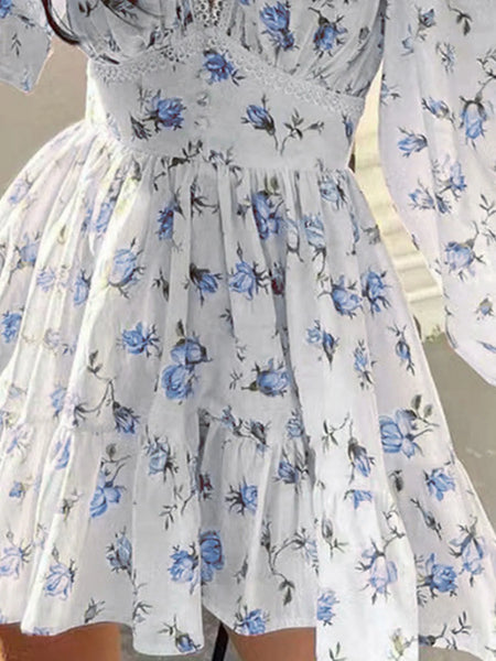 Lace Detail V-Neck Balloon Sleeve Dress - alternate view 9