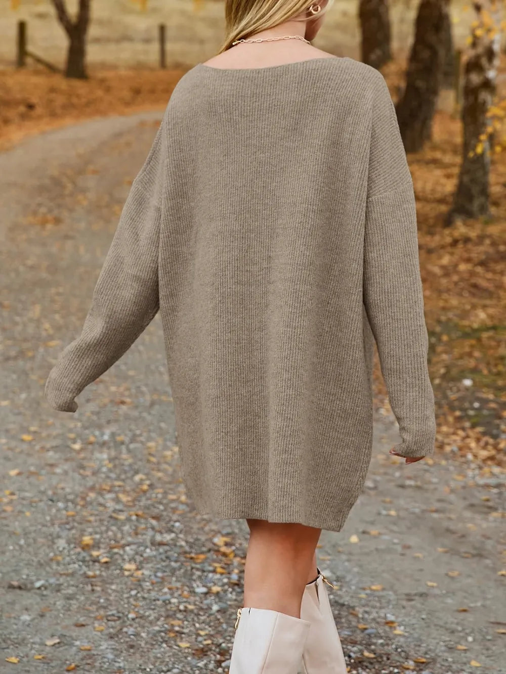 V-Neck Dropped Shoulder Sweater Dress - alternate view 2