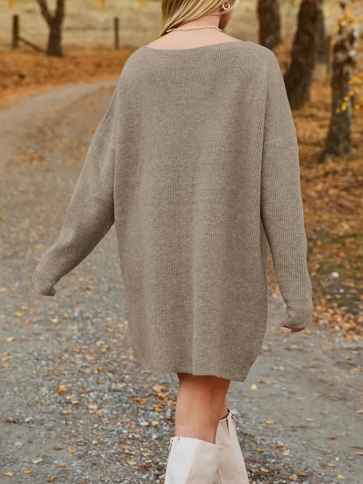 V-Neck Dropped Shoulder Sweater Dress - alternate view 2