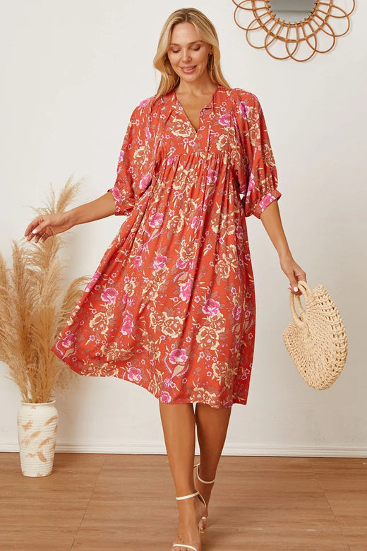 Floral Tie Neck Half Sleeve Dress - alternate view 3