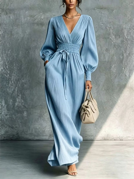 Elegant Pleated V-Neck Maxi Dress with Lantern Sleeves and Tie-Waist - alternate view 6