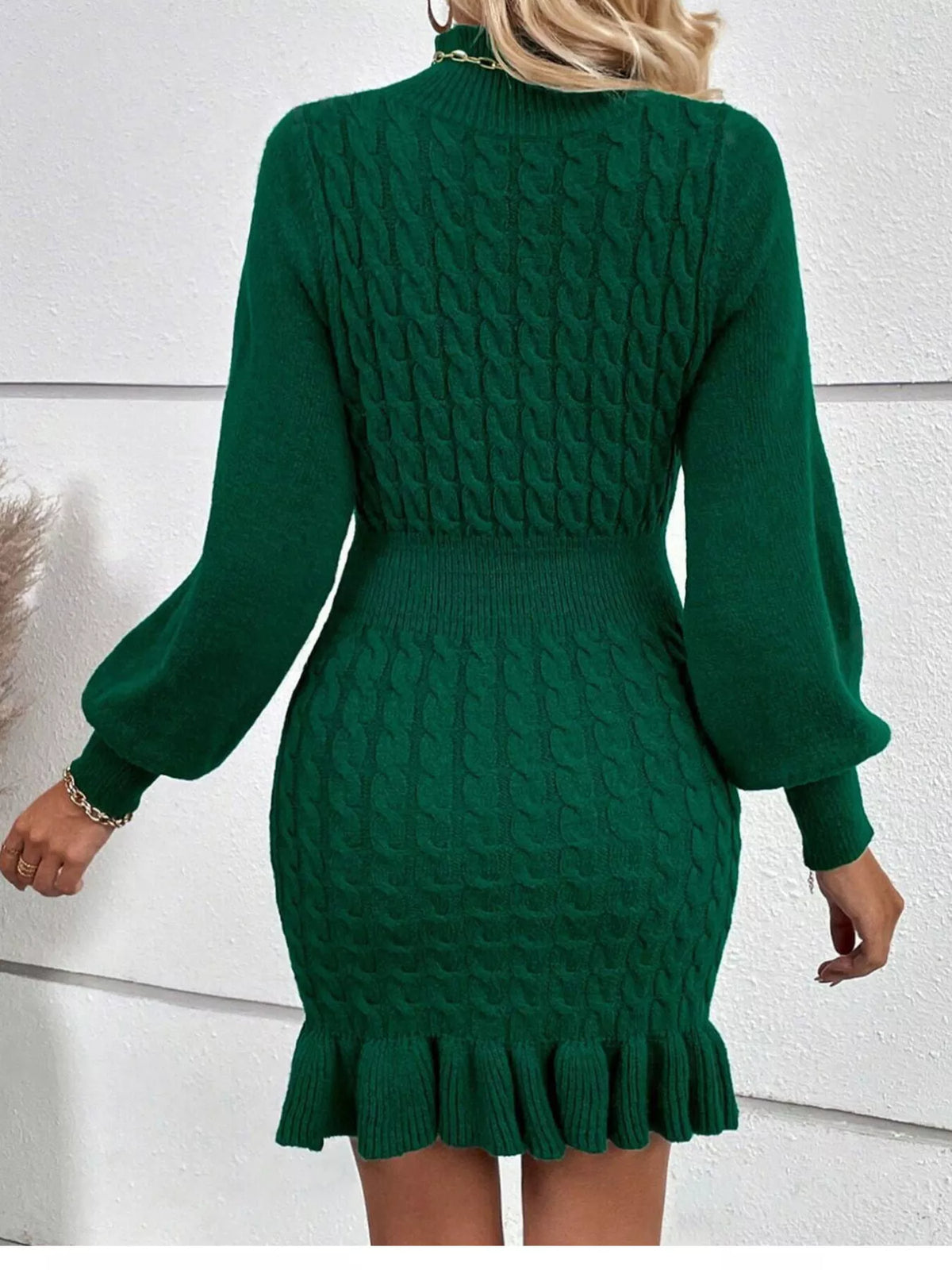 Cable Knit Mock Neck Ruffle Hem Sweater Dress - alternate view 6
